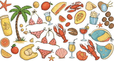 Create a kinds of deferent Summer vacation doodle illustration set. Beach and sea travel elements. Hand drawn palm tree, fruit, lobster, seafood, shell, bikini, cocktail. Coastal collection for card, 