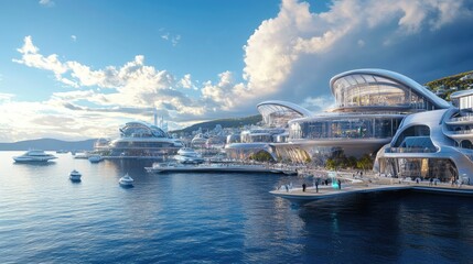 Futuristic Coastal Cityscape Featuring Innovative Architecture and Luxury Yachts Under a Beautiful Sky