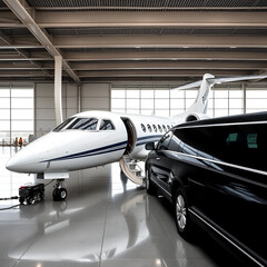 Private jet waiting for passenger with black limo in airport