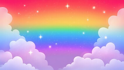 Pastel Rainbow Sky with Fluffy Clouds and Stars image