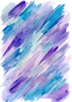 Abstract watercolor background, done in cold colors. Dominant colors are lilac, blue, turquoise and lavender. Strokes are directed diagonally. 