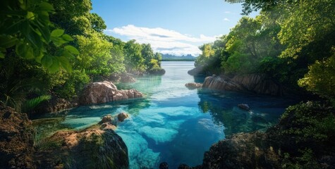 Serene Tropical Lagoon Nestled Within Lush Green Foliage