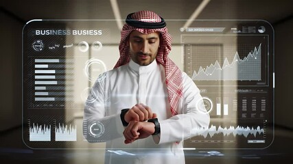 Arab Businessman Using Smartwatch with Futuristic Interface - Powered by Adobe