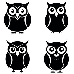 Four Simple Black and White Owl Illustrations Featuring Different Foot and Chest Designs