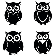 Four Black and White Owl Illustrations Displayed on a White Background Seamlessly