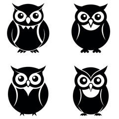 Four Black and White Owl Illustrations with Different Designs on a White Background