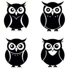 Four Black and White Owl Illustrations with Different Feather and Body Patterns