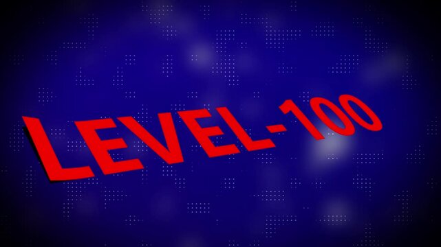 3d text level concept. Level 100 text animation with holographic gradient and dot pattern on black background