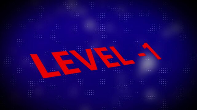 3d text level concept. Level 1 text animation with holographic gradient and dot pattern on black background