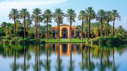 Serene Palm Tree Landscape with Building Reflection