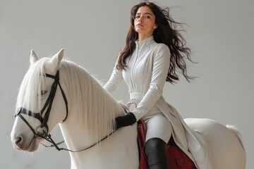 A woman riding on the back of a white horse