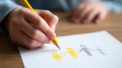 A child draws a family with a yellow pencil on a white sheet of paper. The illustration captures innocence and creativity in a warm and inviting style. Perfect for family themes. AI
