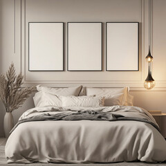 Tranquil Bedroom Interior Design with Modern Decor and Blank Frames