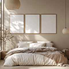 Serene Bedroom Interior Design Mockup with Blank Frames