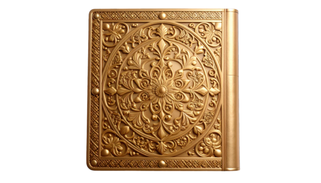 Ornate gold ornament with detailed embossed floral pattern