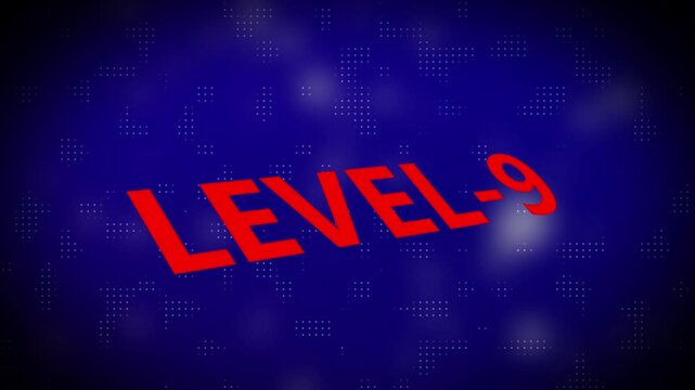 3d text level concept. Level 9 text animation with holographic gradient and dot pattern on black background