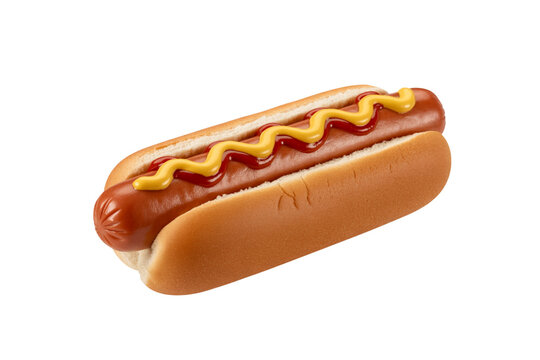Hot dog with mustard on white bun is a fast food snack
