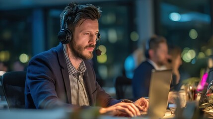 Focused Male Customer Service Representative Working Late at Night on Laptop