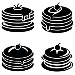 Four Stacks of Pancakes with Different Toppings and Syrup in Black and White Graphics