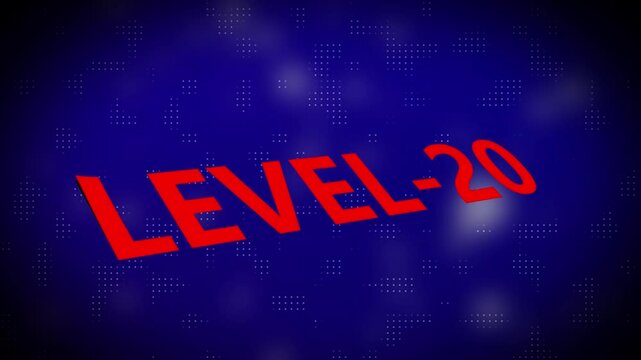 3d text level concept. Level 20 text animation with holographic gradient and dot pattern on black background