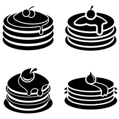Four Stacked Pancake Illustrations Topped with Syrup and Cherry on a White Background