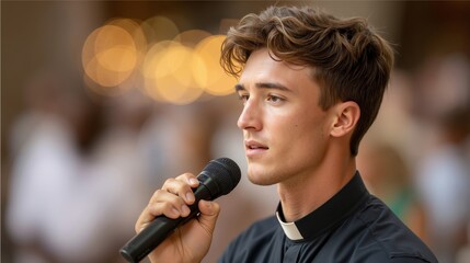 A young man in a priest's robes holding a microphone