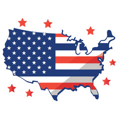 United states map with flag and stars, patriotic graphic for independence day celebration design element