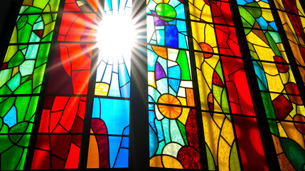 Beautiful colourful stained glass windows with sunlight shining through.