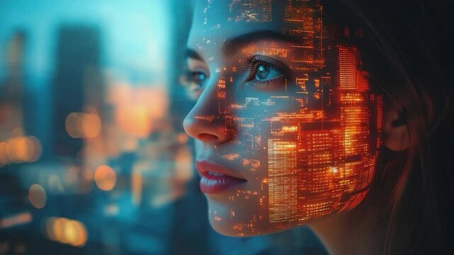 Digital Reflections: Woman's face overlaid with digital city lights, symbolizing future technology and urban connectivity, set against a blurred cityscape at dusk.
