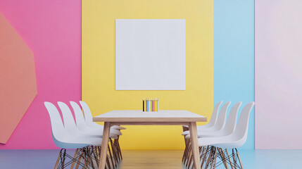 Colorful Room Interior with Blank Poster Table and Chairs