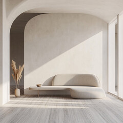 Serene Minimalist Living Room Interior Design with Curved Sofa and Natural Light