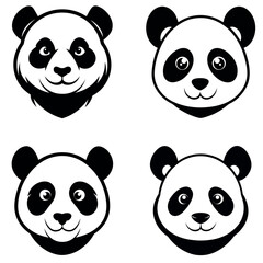Black and White Featuring Four Different Panda Bear Face Designs Isolated