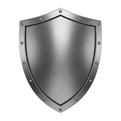 Isolated polished metal shield with detailed rivets against a white background representing protection