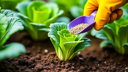 Gardener fertilizing bok choy plants in garden