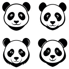 Four Adorable Panda Bear Heads Black and White Graphics with Playful Expressions
