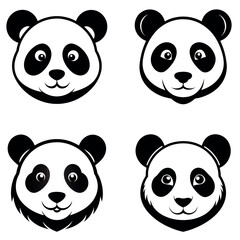 Four Panda Faces in Black and White Outline Style Design