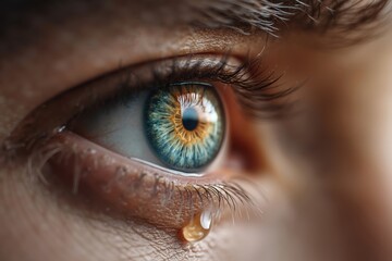 Naklejka premium A close up of a person's blue eye with a drop of water in it