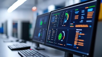 Modern Data Center Control Room with Multiple Monitors Displaying Real-Time Data Analytics