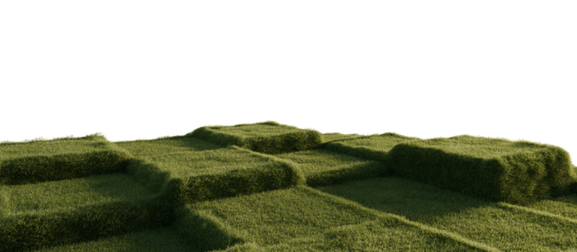 Square grassy blocks terrain with natural lighting. 3D rendering.	