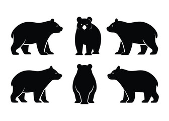 Fototapeta premium Silhouettes of black bears in multiple poses against white background for design resources