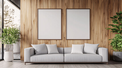 Modern living room with wooden wall sofa and blank frames