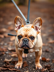 fawn french bulldog ready for a walk
