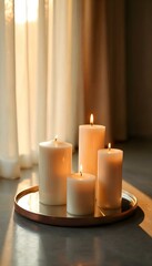 Burning Candles on a Golden Tray with Soft Light and Neutral Background