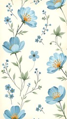 Elegant Floral Pattern with Blue Flowers and Green Leaves on a Cream Background