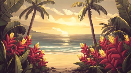 Tropical beach scene at sunrise with vibrant flowers.