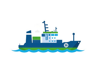 a simple flat 2d icon of a 'hydrogen powered ship', with a simple cargo ship silhouette that has a green h2 symbol on its side, minimalist design, solid blue and green colors, clean sharp lines