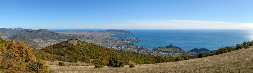 Panorama along Sudak coastline from Perchem Mountain, Crimea, Russia.