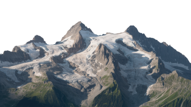 Majestic alpine mountain range with snow-covered peaks and rocky slopes isolated transparent background
