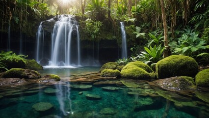 Naklejka premium Serene Waterfall in Rainforest: A breathtaking panorama unfolds as a cascading waterfall spills into a clear, tranquil pool, surrounded by lush rainforest foliage and verdant moss-covered rocks.