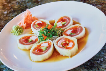 sushi platter with ponzu sauce